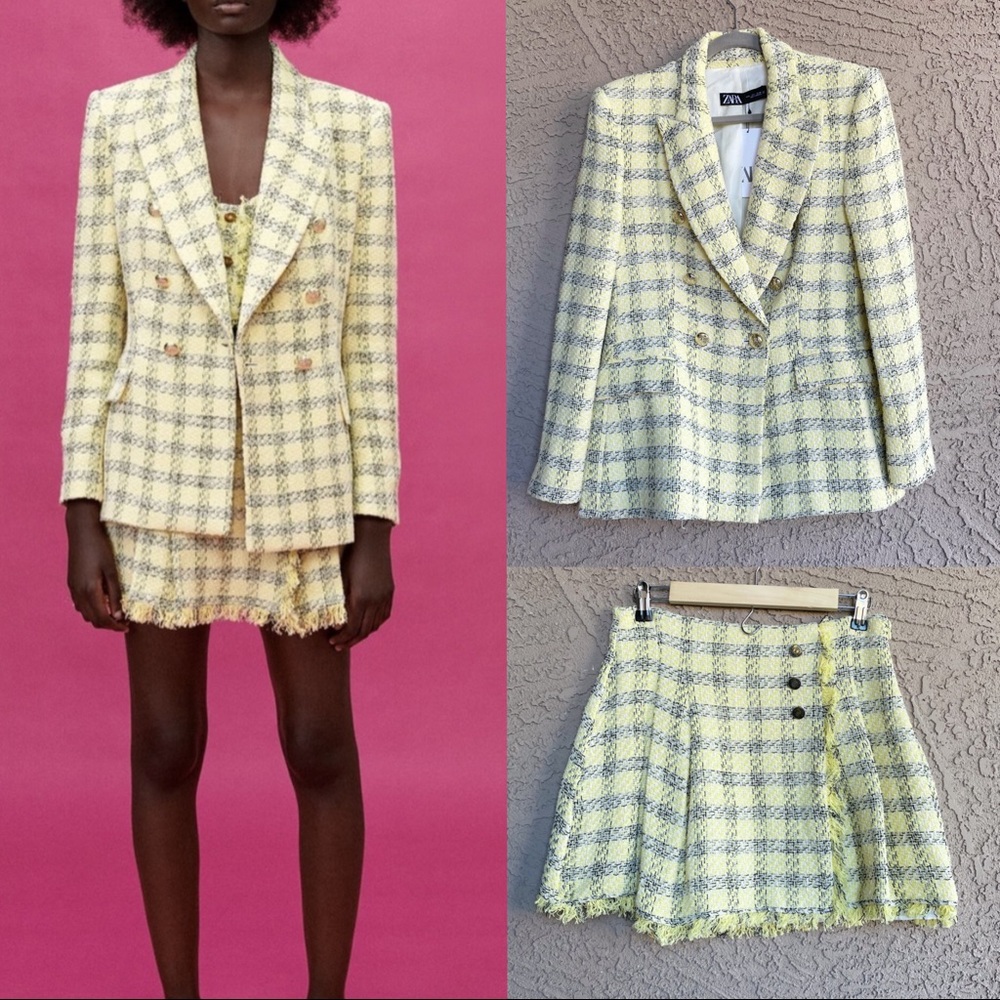 ZARA NWOT 2 Piece Set Blazer & Skirt Suit Yellow Plaid Textured Tweed Suit
